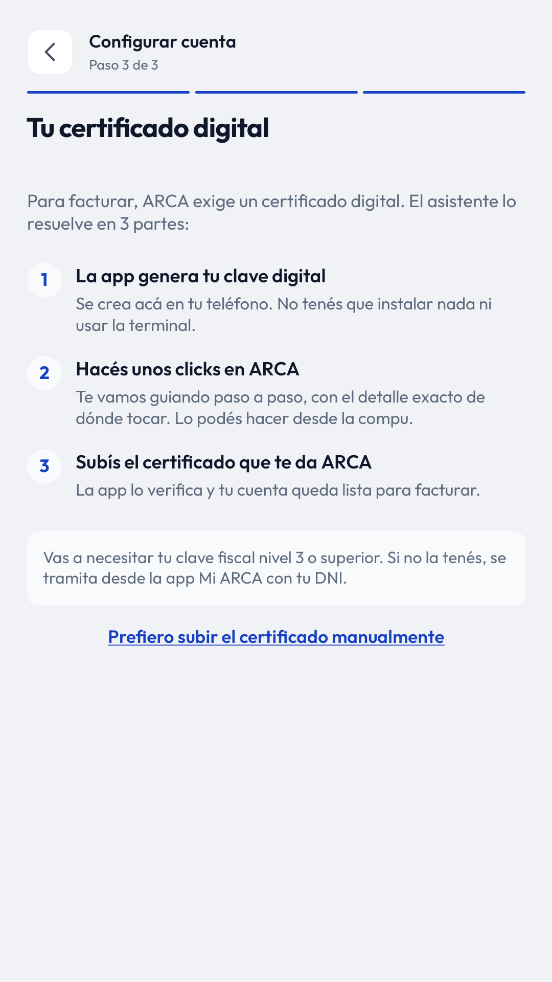 Asistente del certificado digital explicado en tres partes, con el botón empezar