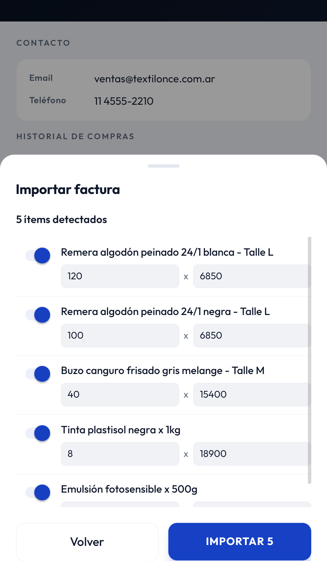 Importar factura de proveedor: cinco ítems detectados con descripción, cantidad y precio, listos para importar
