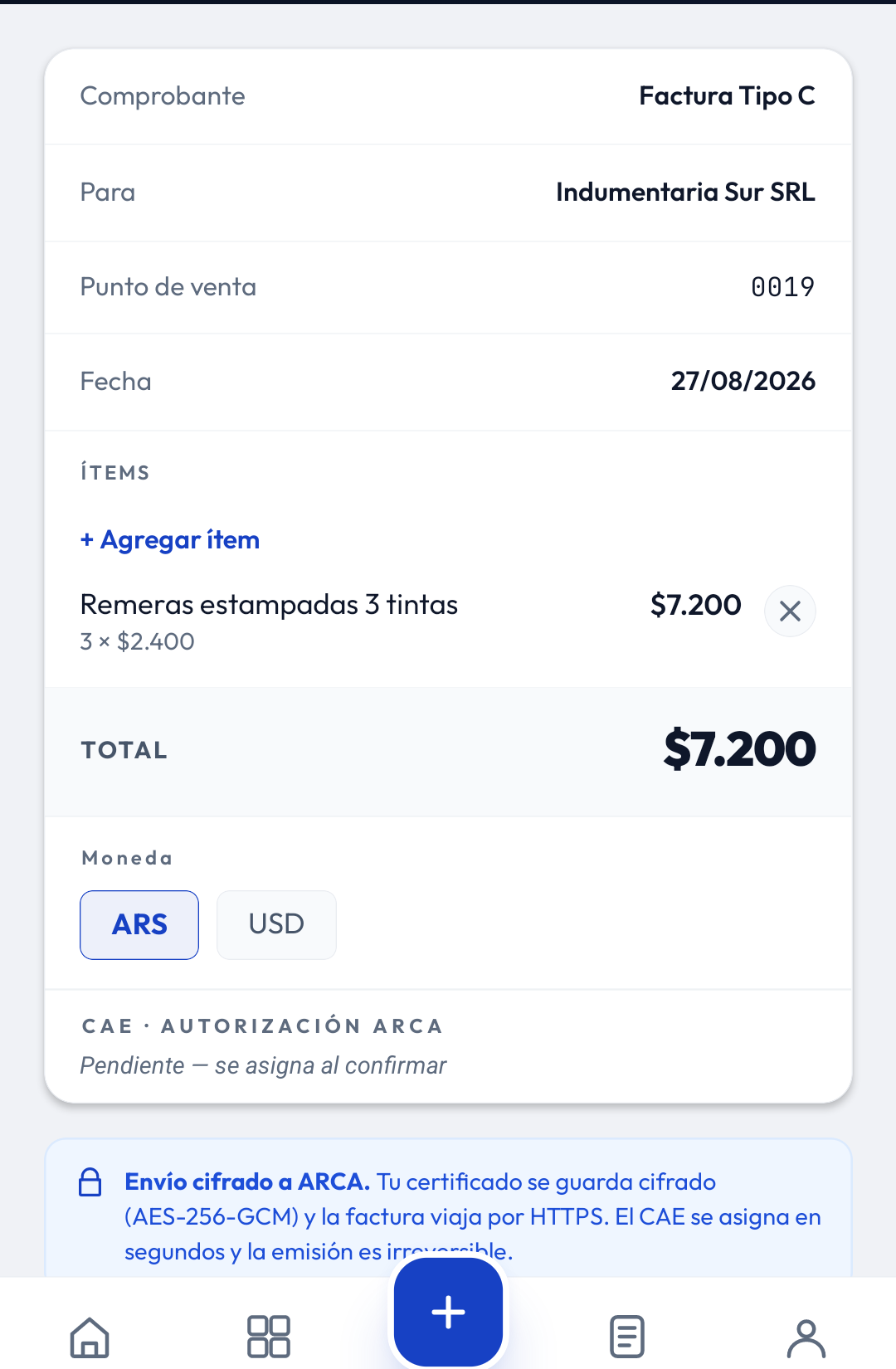 Tarjeta de confirmación: comprobante, cliente, punto de venta, fecha, ítems, total, selector de moneda y el aviso de envío cifrado a ARCA