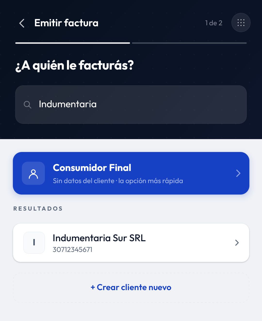 Pantalla ¿A quién le facturás? con el buscador de clientes y la opción Consumidor Final